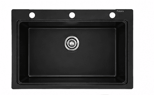 Quartz Single Bowl Kitchen Sink 24"x20"x8" (621x510x200mm) | Natural Quartz | Colour: Black |  Topmount Installation | Included: Waste coupling | Slab Cutting Size: 565x485mm