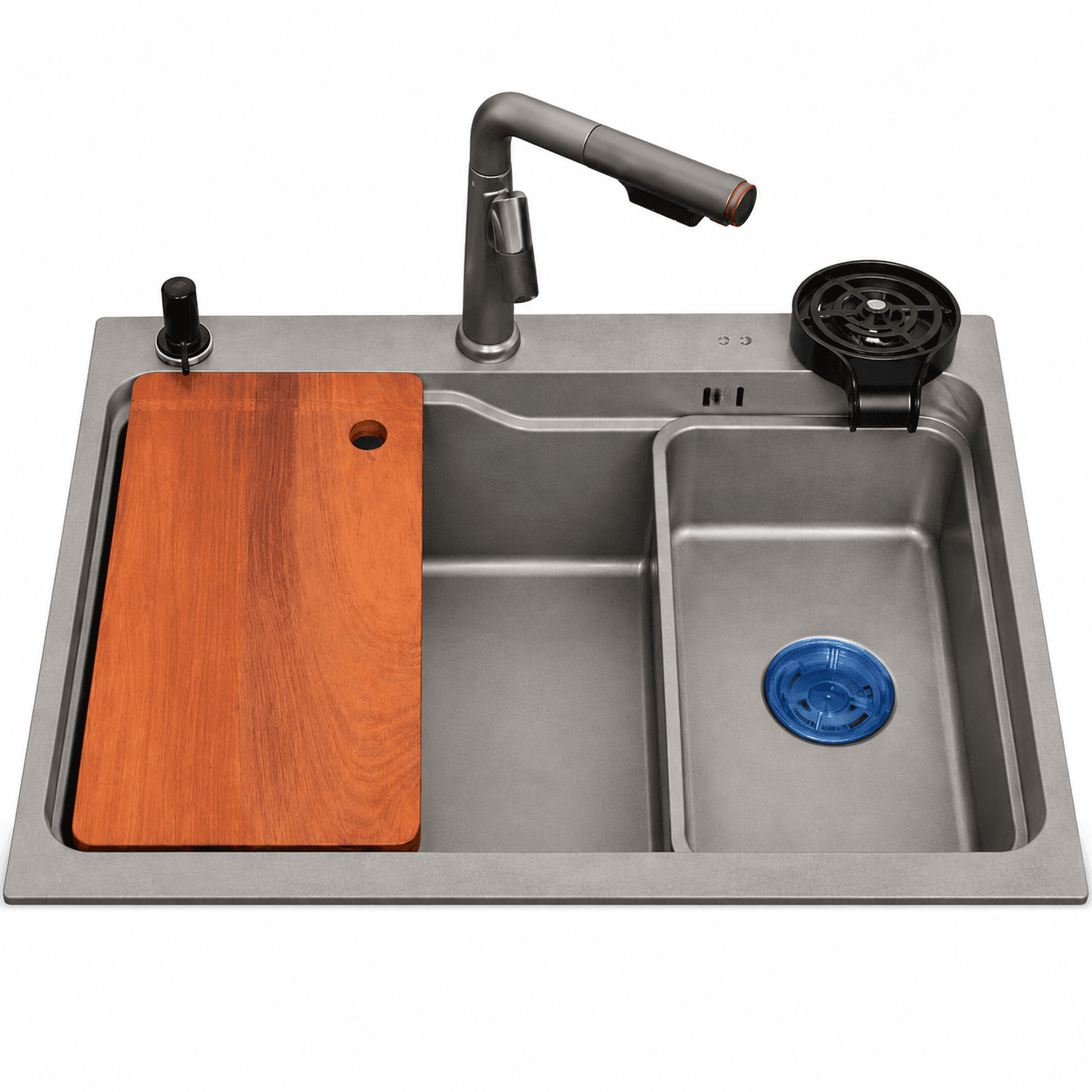 Kitchen GREY Glass Rinser Sink | Material: Stainless Steel | Size: 30"x18"(750x450mm) | Colour: Grey | Includeds: Waste Coupling, Pull out Faucet, SS Small Bowl, Chopping Board, Glass Rinser, Soap Dispenser