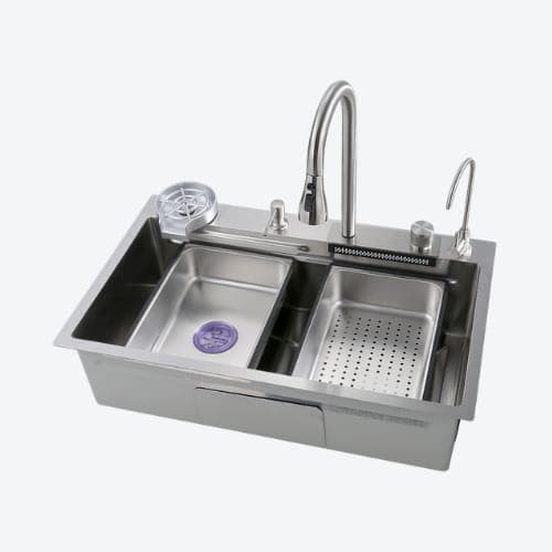 Kitchen Sink 30"x18"x9" (750x450x225mm) | Finish: Decore-Satin | Includeds: Waste Coupling, Drainer Kit, Pull out Faucet, SS Small Bowl, Cross Colander, Chopping Board, R.O. Top, Glass Rinser, Soap Dispenser | Slab Cutting Size: 710x355mm