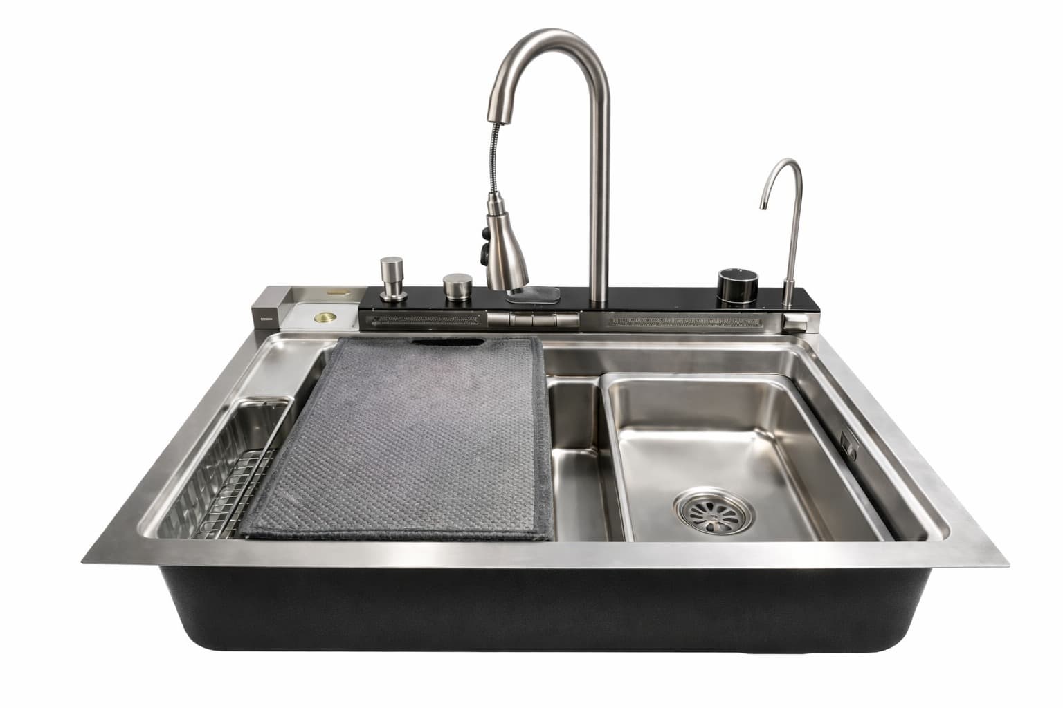 Kitchen Nano Button Sink | Dimension:  29.5"x17.7"x8.7"(750x450x220mm) | Finish: Satin-Decore | Includeds: Waste Coupling, SS Small Bowl, Cross Colander, Chopping Board, Glass Panel with Faucet and ACC | Slab Cutting Size: 710x355mm