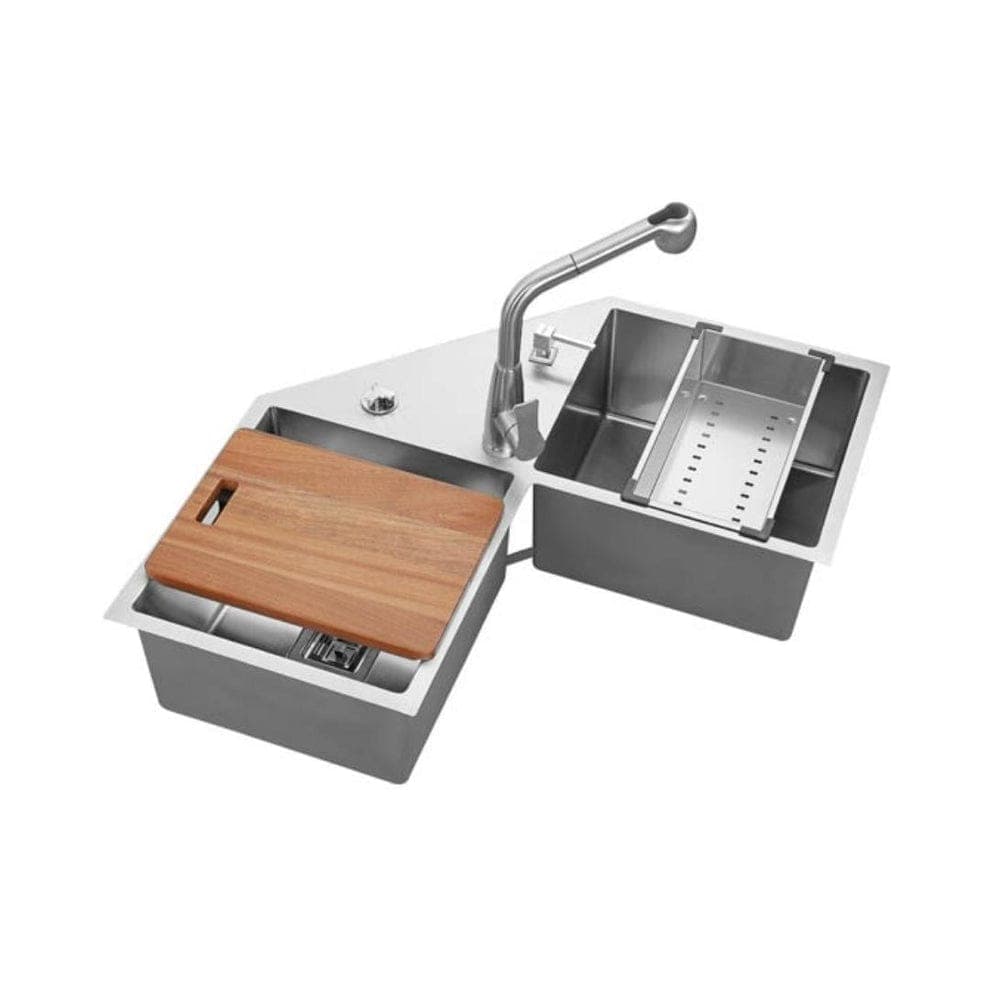 Futura Intelligent Sink | Material: 1.2MM SS 304 Stainless Steel | Finish: Brush | Product Size: 34"x34"x9"(860x860x225mm) | Includeds: Faucet, Soap Dispenser, Colander Basket, Chopping Board, Auto Drainer Kit & Overflow |  Slab Cutting Size: 400x370mm
