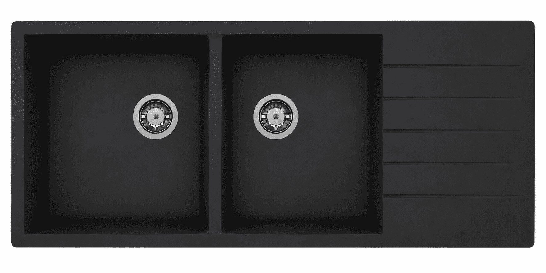 Quartz Double Bowl Kitchen Sink 46"x20"8" (1160x500x200mm) | Natural Quartz | Colour: Black  | Topmount Installation | Included: Waste coupling | Slab Cutting Size: 330x440mm