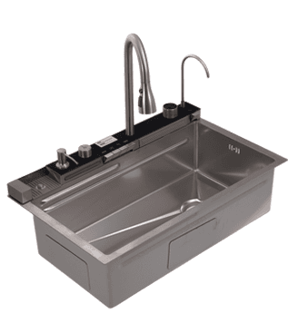Kitchen Nano Button Sink | Dimension:  29.5"x17.7"x8.7"(750x450x220mm) | Finish: Satin-Decore | Includeds: Waste Coupling, SS Small Bowl, Cross Colander, Chopping Board, Glass Panel with Faucet and ACC | Slab Cutting Size: 710x355mm — image 2