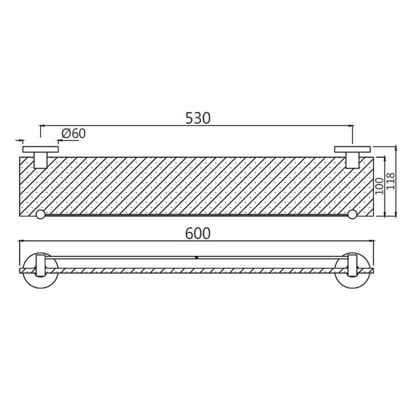 Glass Shelf 600mm Long | Chrome Finish | Material: Stainless Steel | With Tempered Glass with Chrome Brackets — image 2