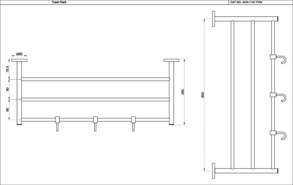 Towel Rack 600mm Long with 3 hooks | Chrome Finish | Material: Stainless Steel — image 2