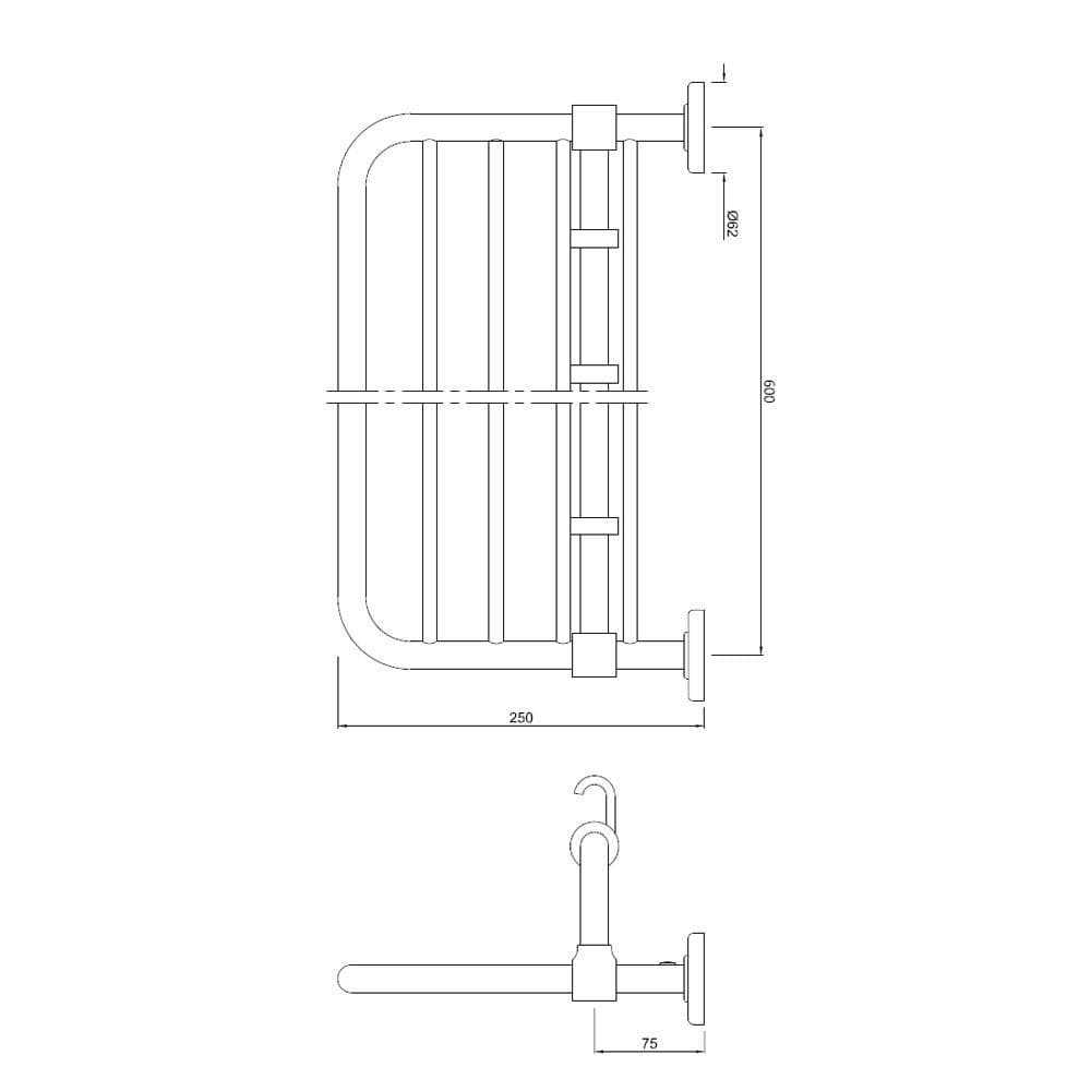 Towel Rack 600mm with Lower Hanger with Hooks | Chrome Finish | Material: Stainless Steel — image 2
