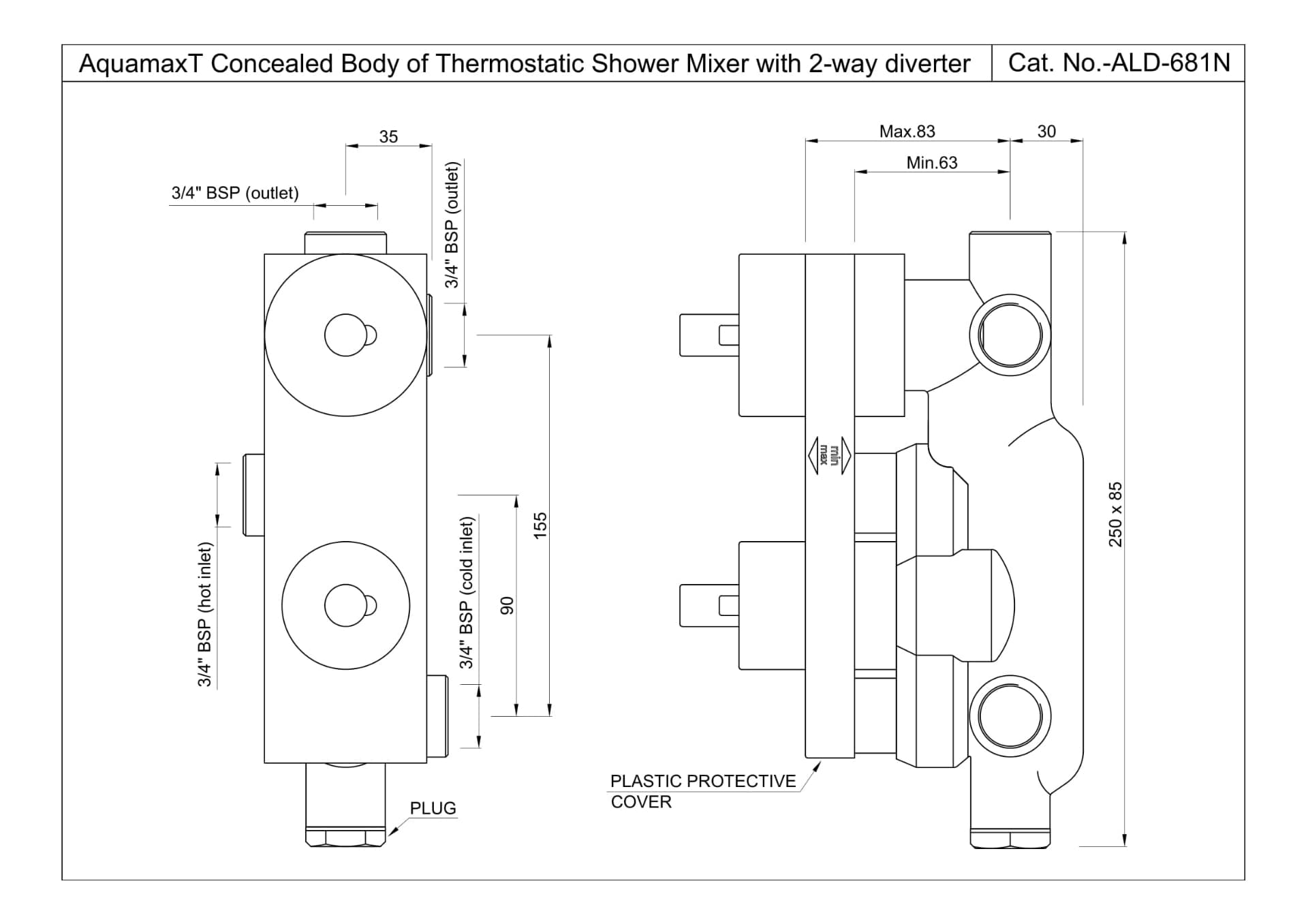 Aquamax Concealed Body of Thermostatic Shower Mixer for 2-Outlet Diverter | for FLP/KUP/OPP-681 exposed kit | Chrome Finish | Material: Brass — image 2