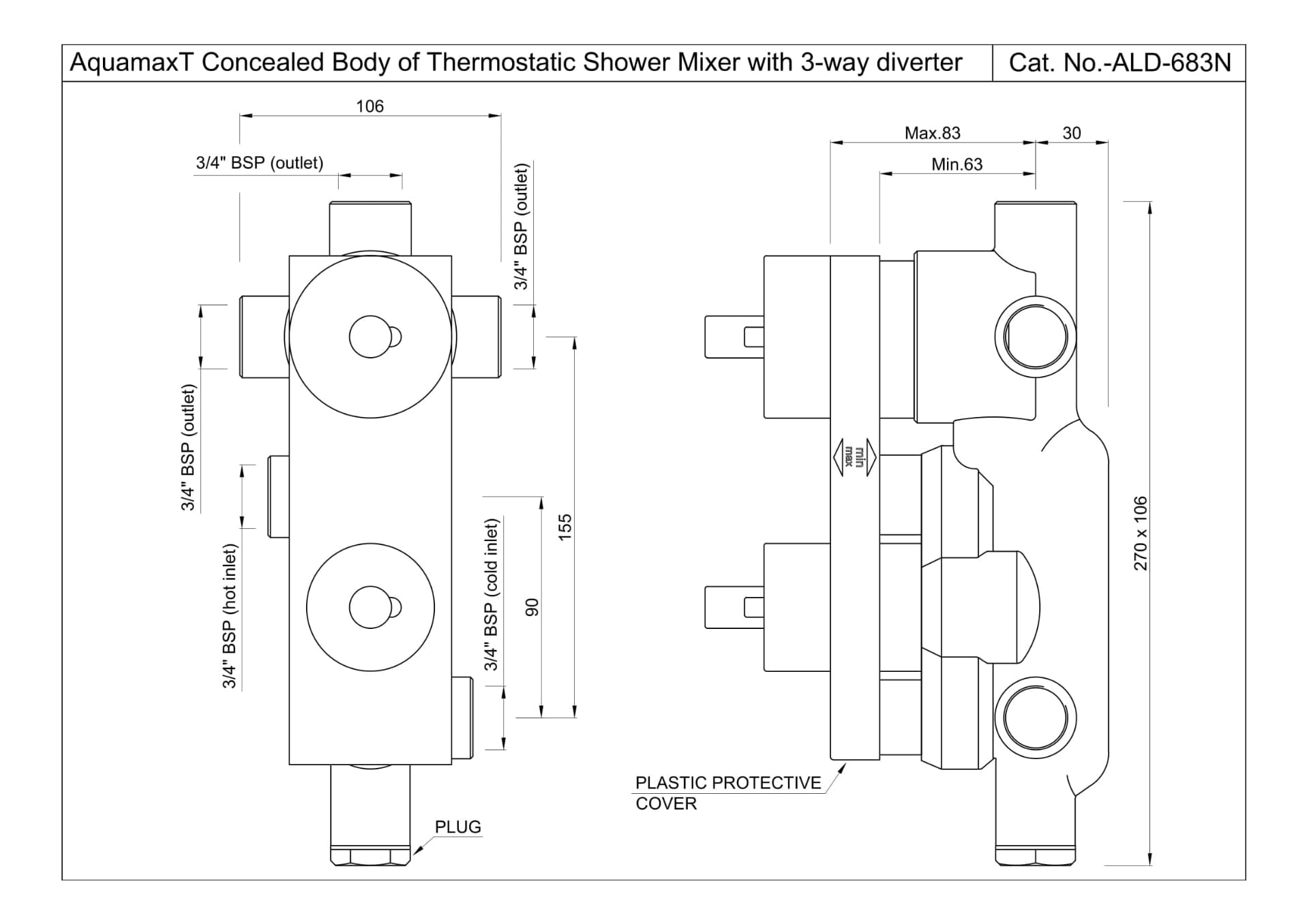 Aquamax Concealed Body for Thermostatic Shower Mixer with 3-Way Diverter | for FLP/KUP/OPP-683 exposed kit | Chrome Finish | Material: Brass — image 2