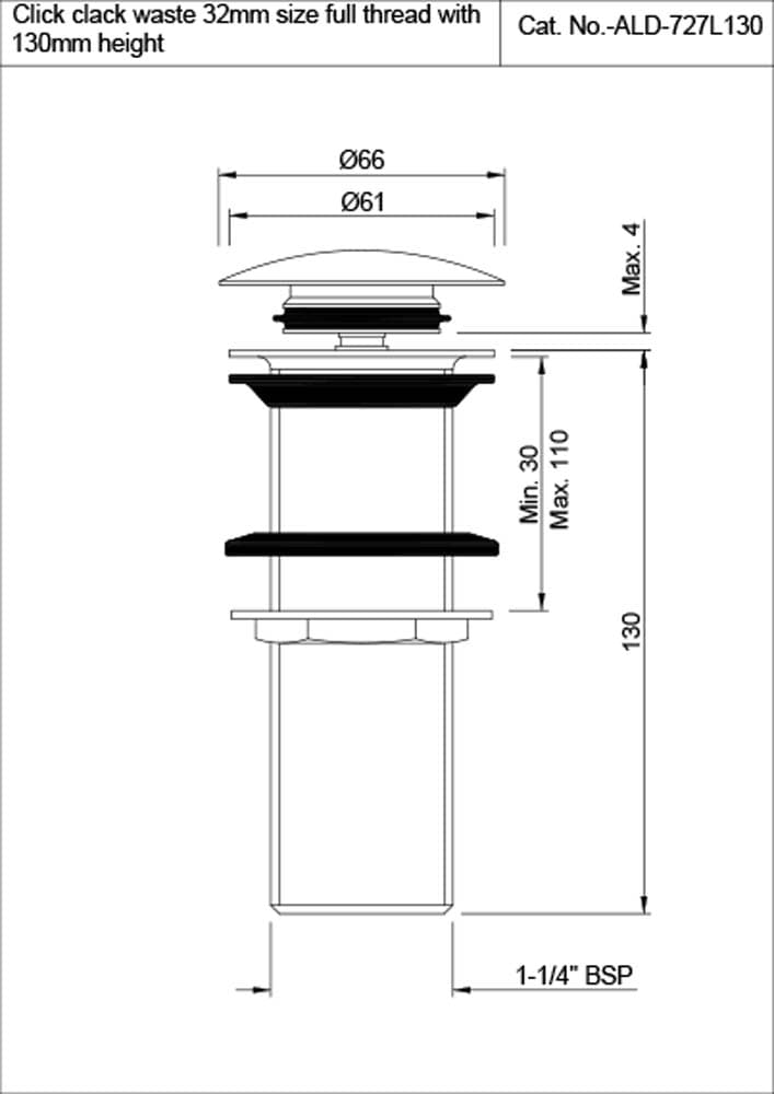 Pop Up Waste Coupling 32mm | Chrome Finish | Material: Brass | With Full Thread With 130mm Height — image 2