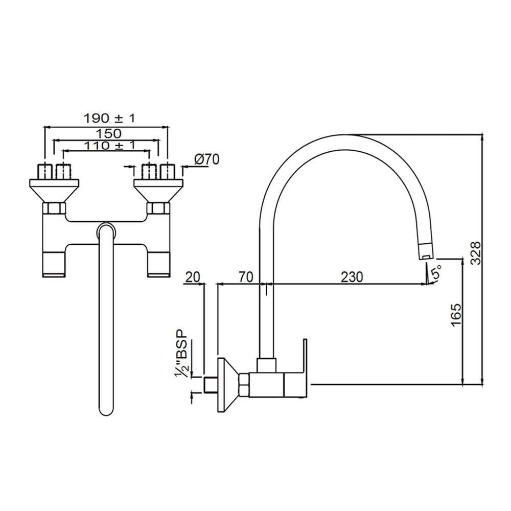 Aria Mixer with Regular Swinging Spout (Wall Mounted Model) With Connecting Legs & Wall Flanges | Chrome Finish | Material: Brass — image 2