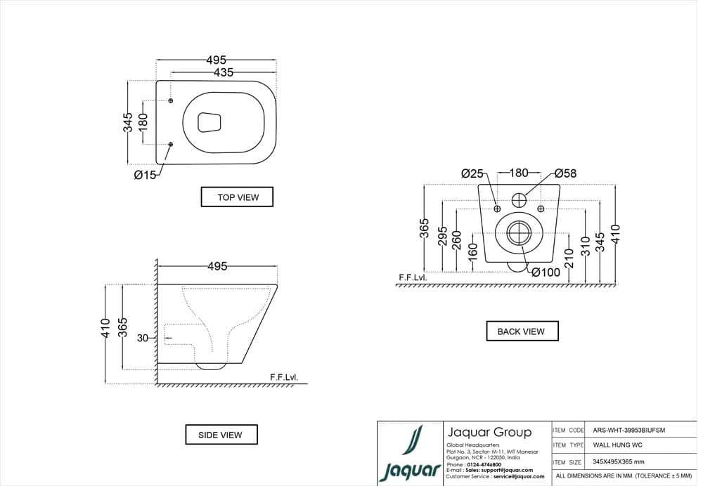 Aria Rimless Wall Hung Toilet with UF Soft Close Slim Seat Cover, Blind Installation Hinges, Fixing Set | Size: 345 x 495 x 365mm | Requires Concealed Cistern — image 2