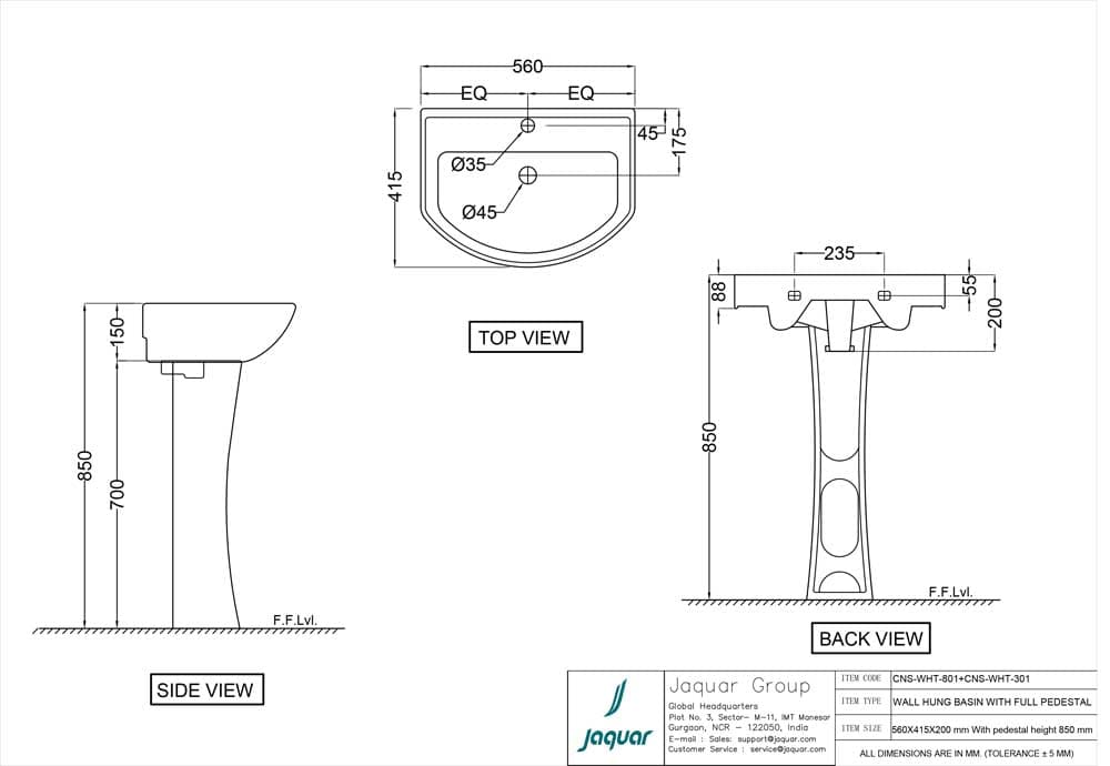 Continental Wall-Hung Wash Basin with Fixing Accessories | Size: 560 x 415 x 200mm | With Tap Hole | Compatible with Full Pedestal (CNS-WHT-301) — image 2