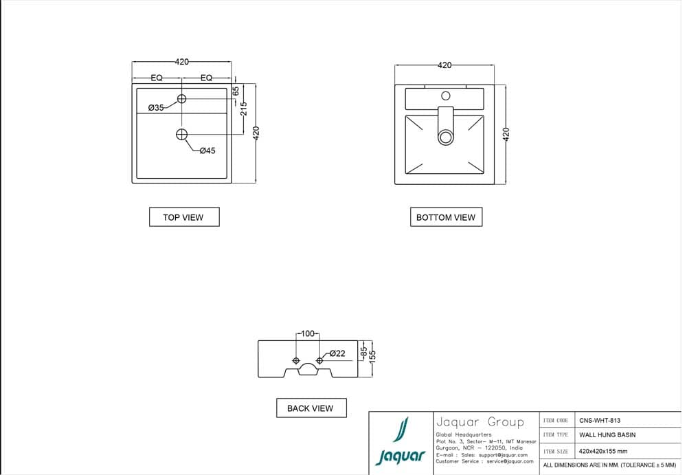 Continental Wall Hung Basin with Fixing Accessories | Size: 420 x 420 x 155mm | With Tap Hole — image 2