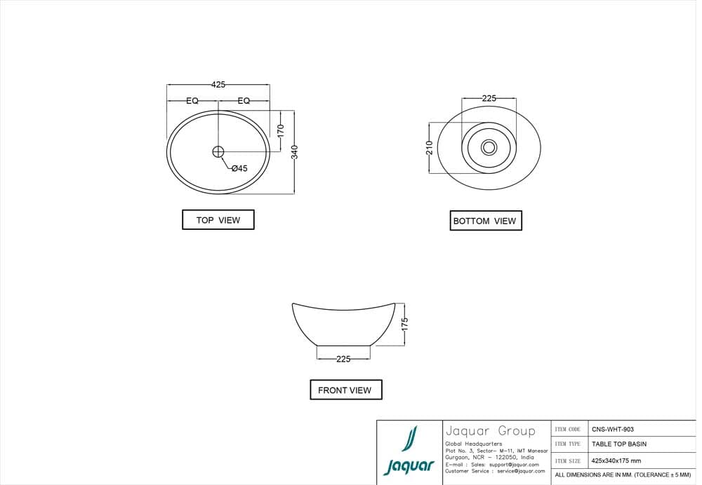 Table Top Wash Basin | White Finish | Size: 425 x 340 x 175mm | Without Tap Hole — image 2