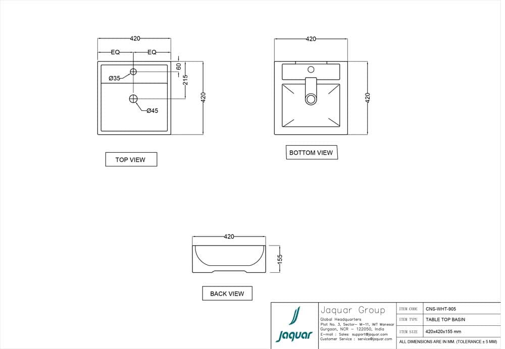 Continental Table Top Wash Basin | White Finish | Size: 420 x 420 x 155mm | With Tap Hole — image 2