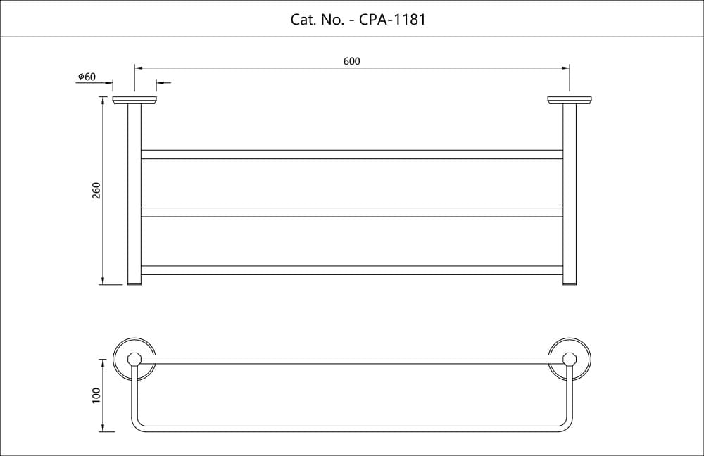 Towel Rack 600mm with Lower Hangers | Chrome Finish | Material: Stainless steel — image 2