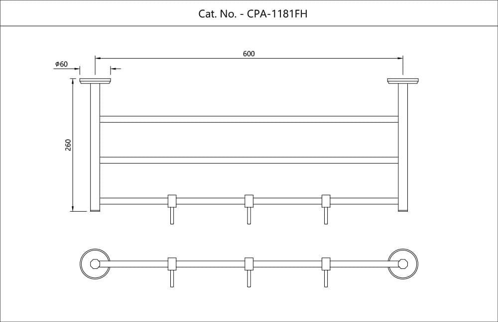 Towel Rack 600mm with Hooks | Chrome Finish | Material: Stainless Steel — image 2