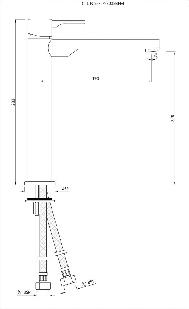 Florentine Prime Single Lever Basin Mixer (Hot & Cold Water) | Chrome Finish | With 190mm Tall Body and 600mm Braided Connection Pipe — image 2