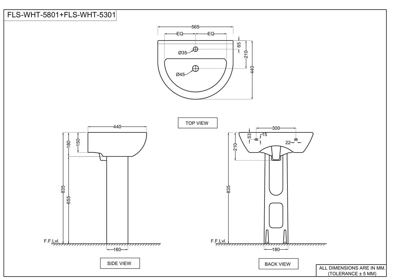 Florentine Wall Hung Wash Basin With Fixing Accessories | Size: 585 x 450 x 220mm | With Tap Hole | Compatible with Full Pedestal (FLS-WHT-5301) — image 2