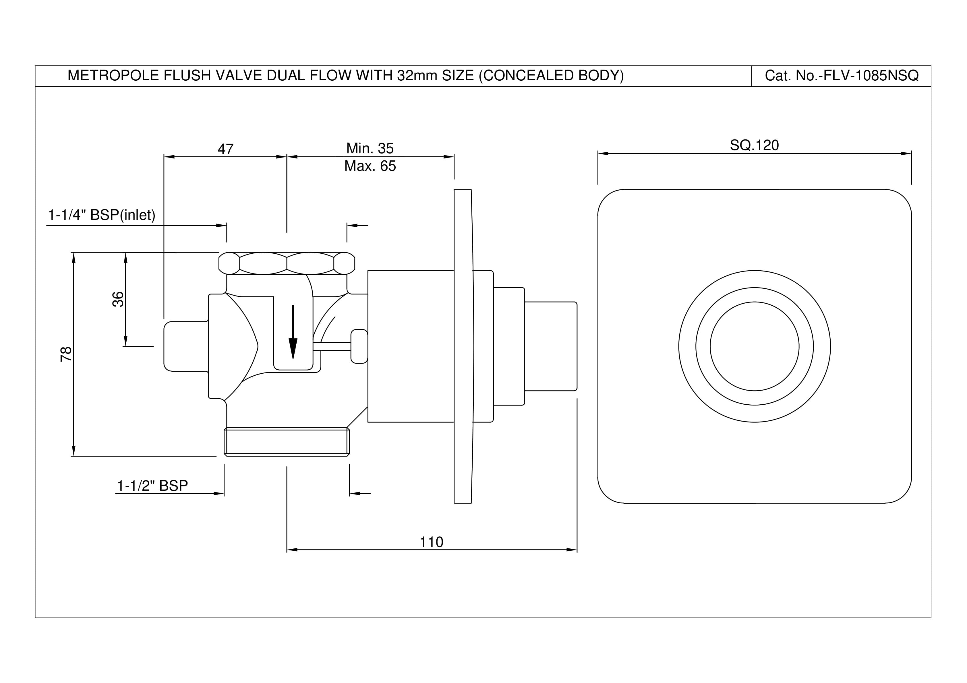 Flush Valve Dual Flow 32mm Size (Concealed Body) with Exposed Shut off Provision & 100mm with Square Plate | Chrome Finish — image 2