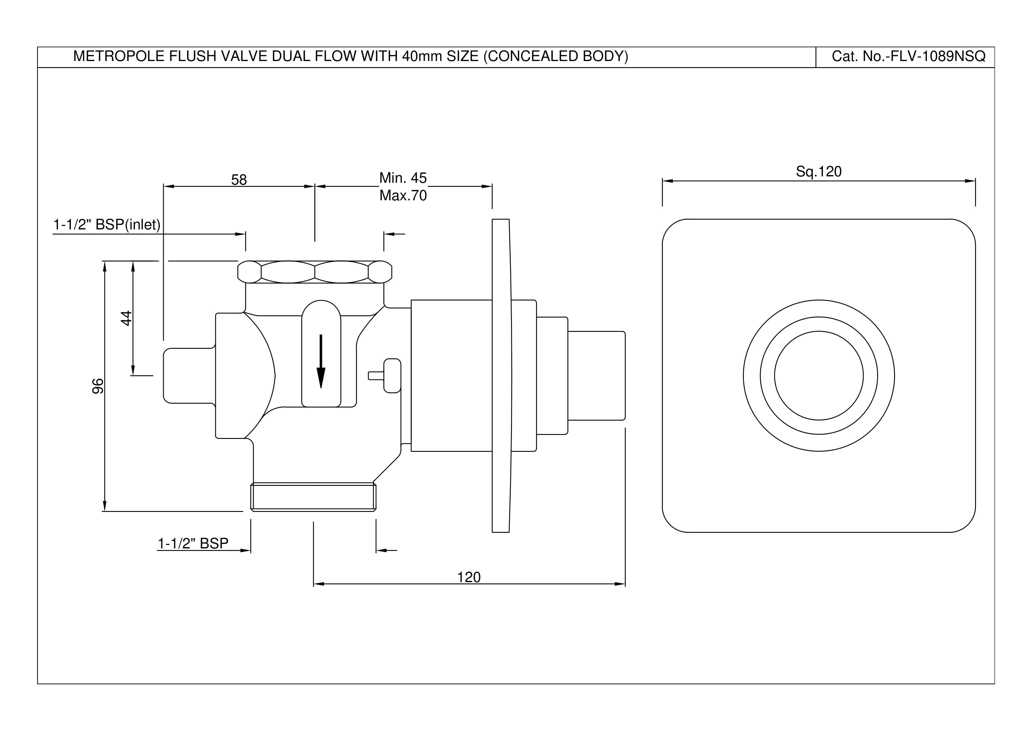 Flush Valve Dual Flow 40mm Size (Concealed Body) with Exposed Shut off Provision & 100mm with Square Plate | Chrome Finish — image 2