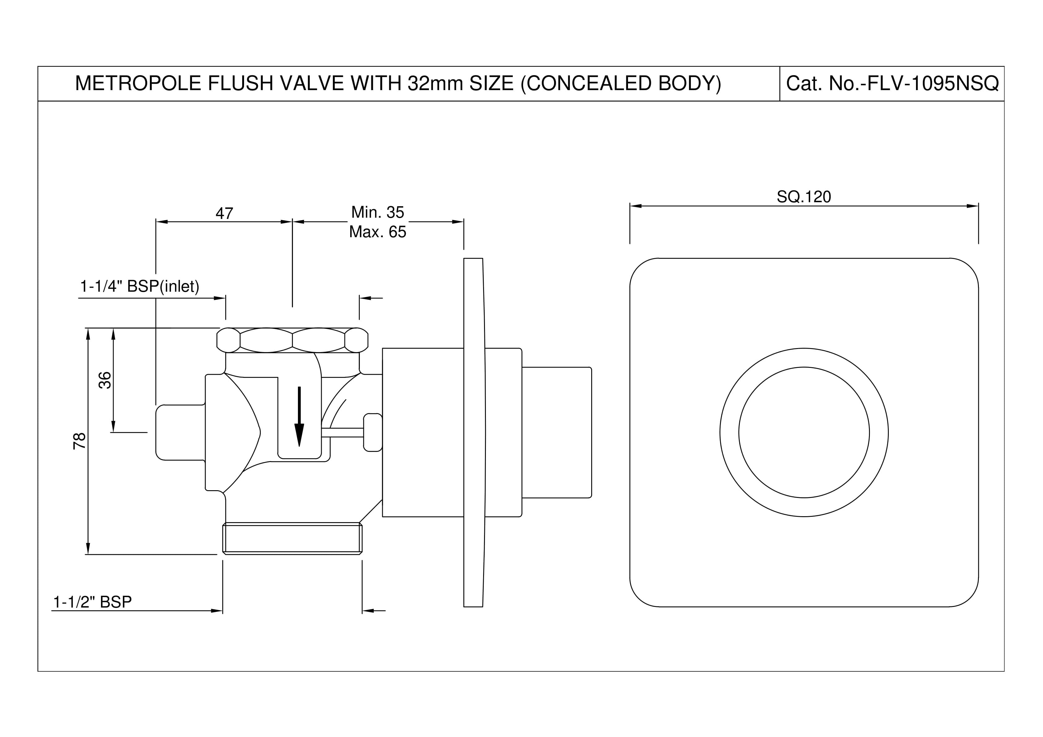 Flush Valve Regular 32mm Size (Concealed Body) with Exposed Shut off Provision & 100mm Square Plate | Chrome Finish — image 2