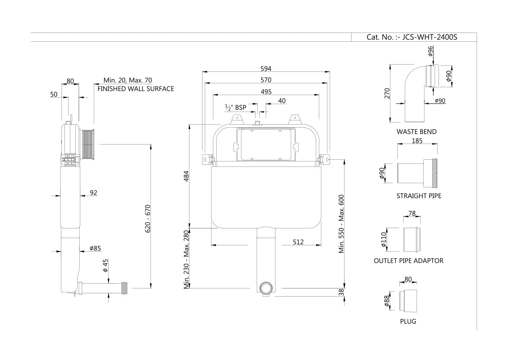 Concealed Cistern Without Frame with "S" Type Drain Pipe Connection Set | White Finish | With Dual Flush 3/6L | Without Flush Plate — image 2