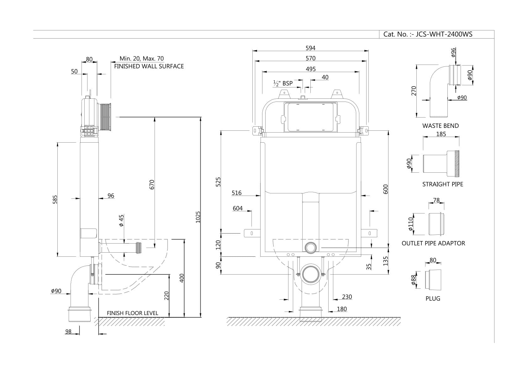 Concealed Cistern With Half Frame with "S" Type Drain Pipe Connection Set | White Finish | With Dual Flush 3/6L | Without Flush Plate — image 2