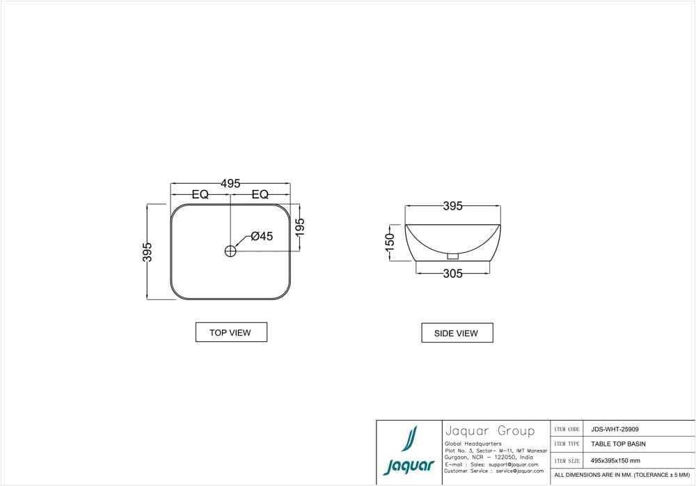 Thin Rim Table Top Basin | White Finish | Size: 495 x 395 x 150mm | Without Tap Hole — image 2