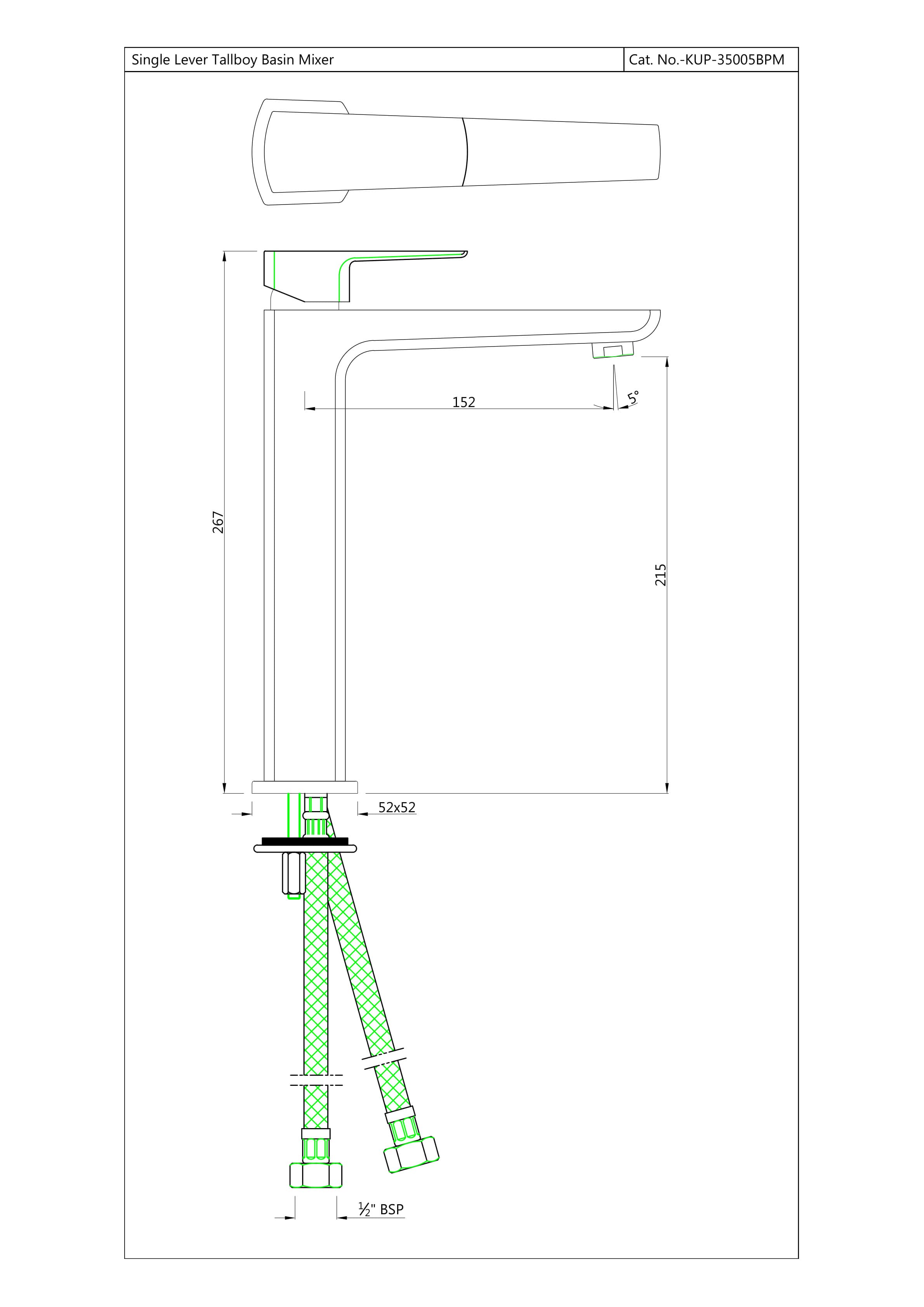 Kubix Prime Single Lever Basin Mixer (Hot & Cold Water) | Chrome Finish | With 190mm Tall Body and 600mm Braided Connection Pipe — image 2