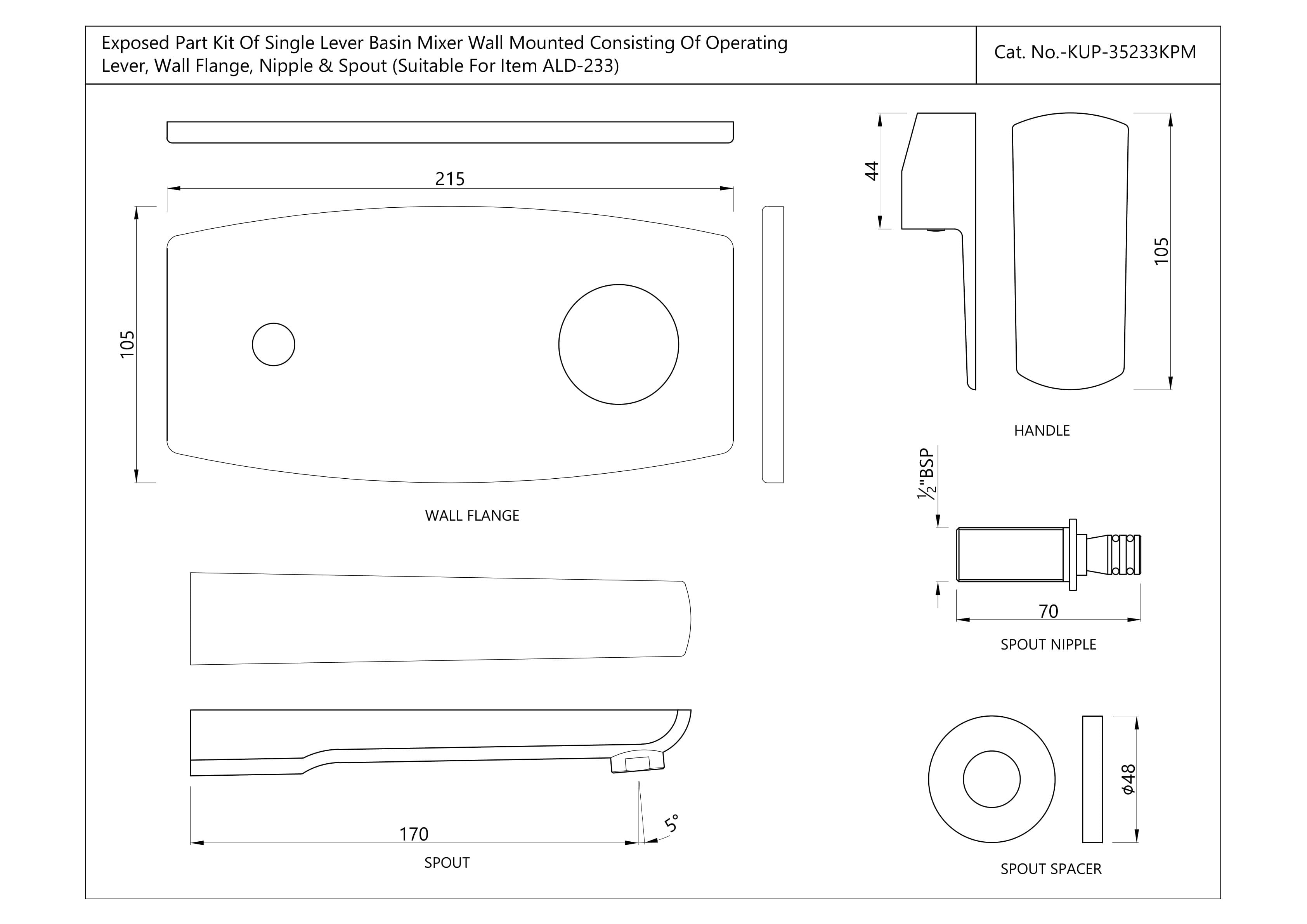Opal Prime Single Lever Exposed Parts Kit of Wall Mounted Basin Mixer (Hot & Cold Water) | Chrome Finish | Material: Brass | Compatible with ALD-233 Concealed Body (sold separately) — image 2