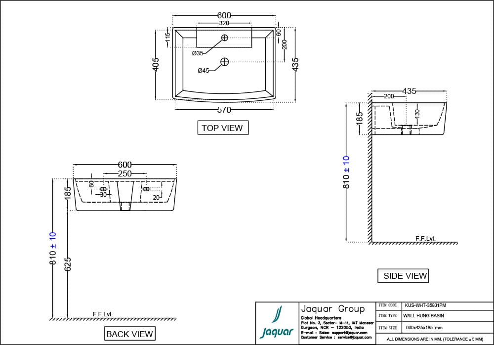 Kubix Wall Hung Basin with Fixing Accessories Without Pedestal | Size: 600 x 435 x 185mm | With Wit Tap Hole — image 2