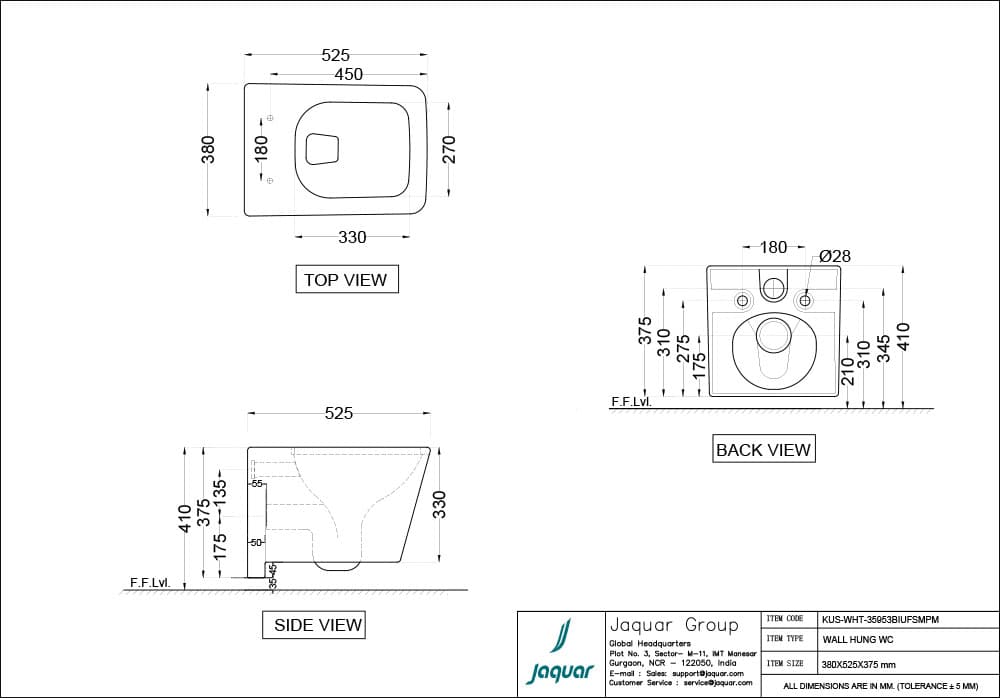 Kubix Rimless Blind Installation Wall Hung Toilet With UF Soft Close Seat Cover, Hinges and Fixing Set | Size: 380 x 525 x 375mm | Requires Concealed Cistern — image 2