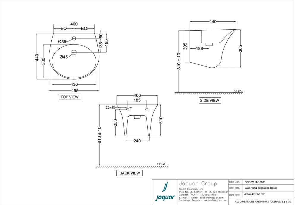 Ornamix Wall-Hung Wash Basin with Pedestal | Size: 495 x 440 x 365mm | With Tap Hole — image 2