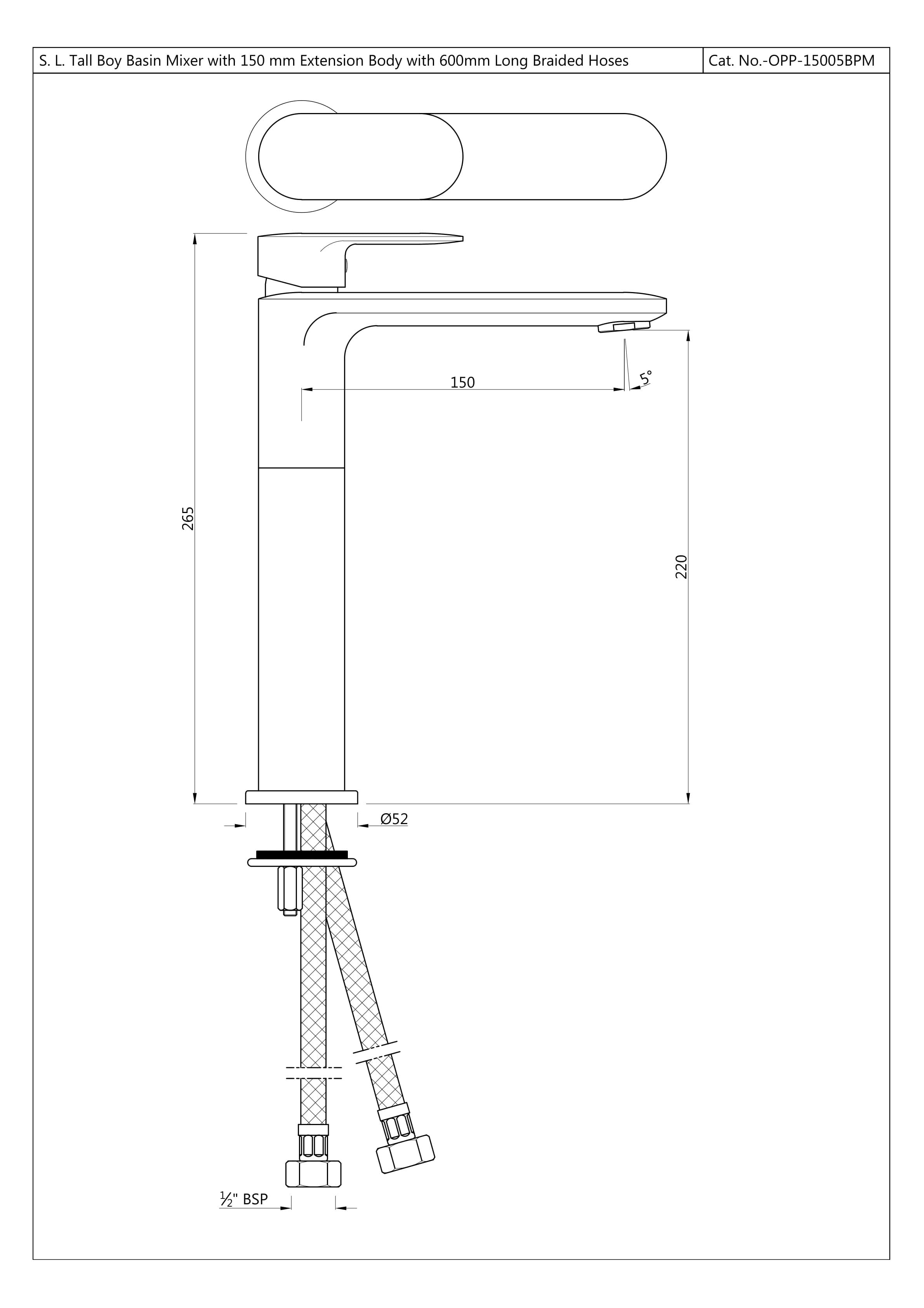 Opal Prime Single Lever Basin Mixer (Hot & Cold Water) | Chrome Finish | With 190mm Tall and 600mm Braided Connection Pipe — image 2
