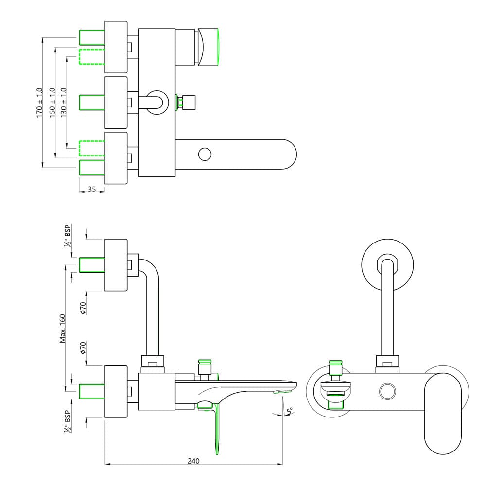 Opal Prime Single Lever 3-in-1 System Wall Mixer with Provision for Hand Shower + Overhead Shower + Spout with Connecting Legs and Wall Flanges | Chrome Finish | Material: Brass — image 2