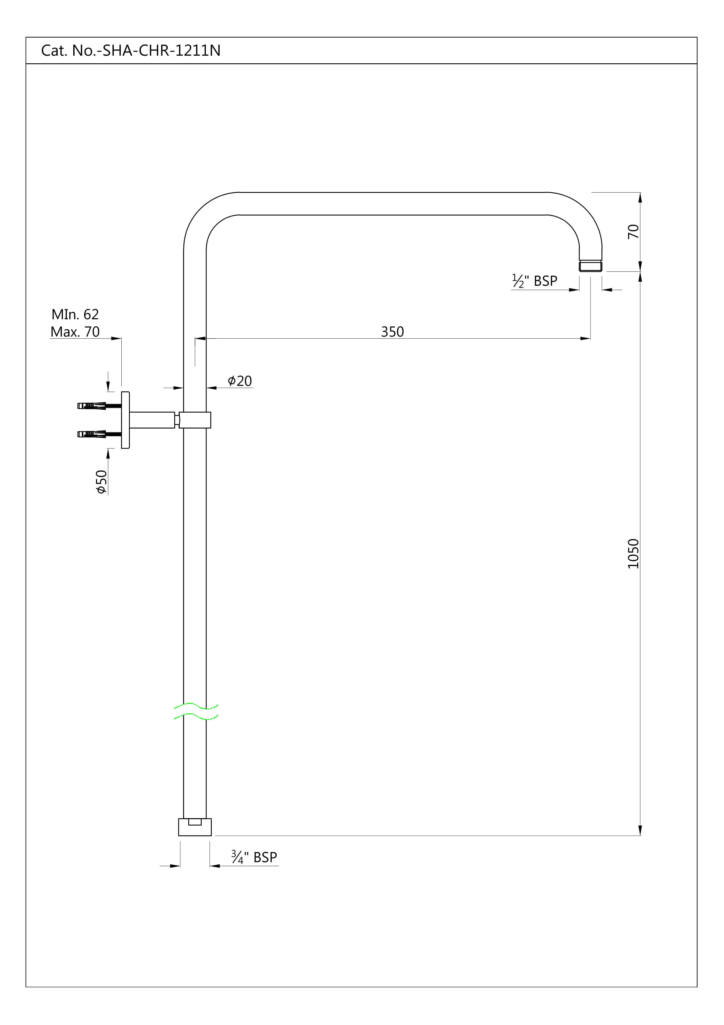 Exposed Shower Pipe L-Type in Round Shape 20mm | Chrome Finish | Size: 1120 x 410mm (for Connecting Overhead Shower to Wall Mixer) — image 2