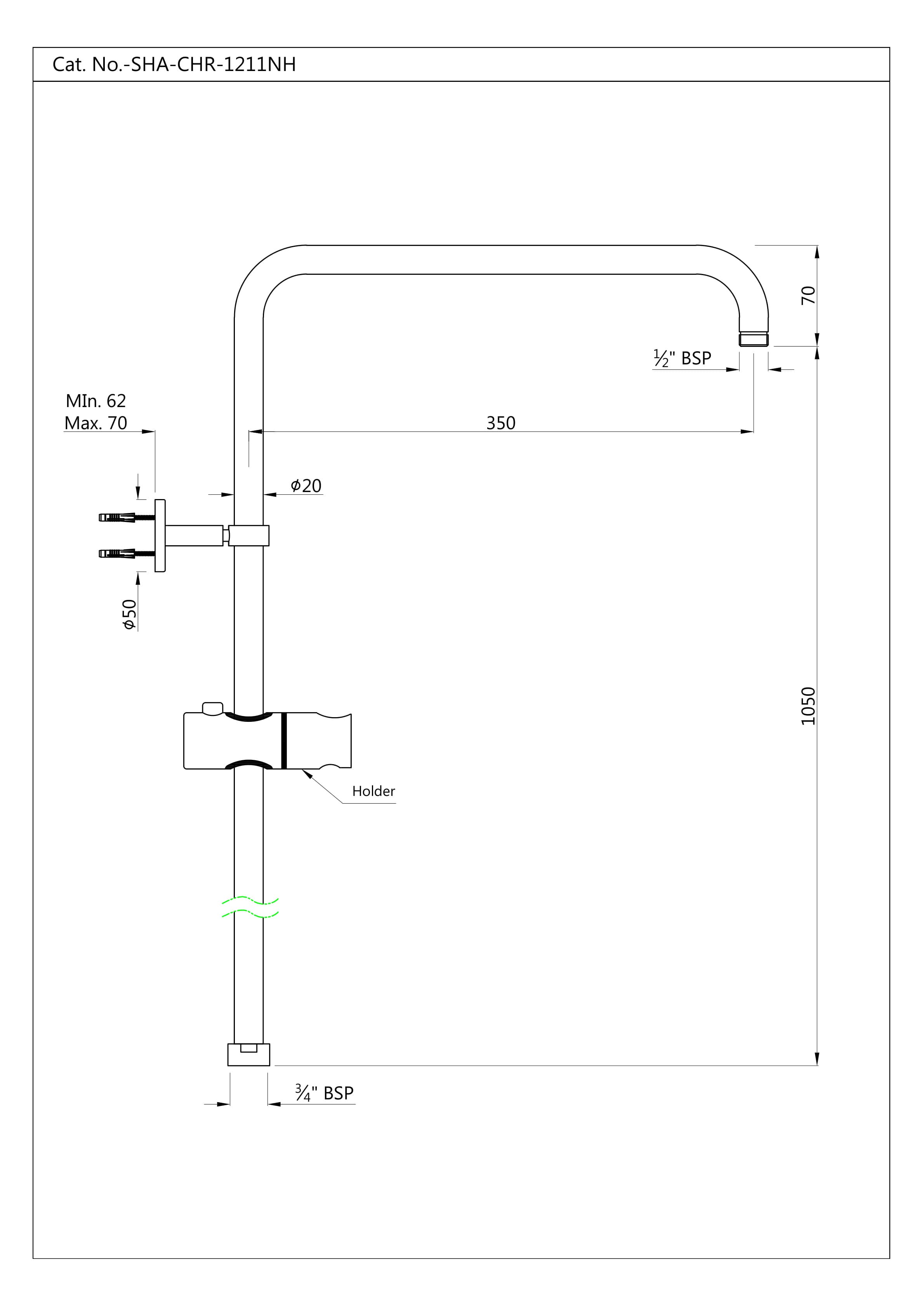 Exposed Shower Pipe for Wall Mixer with Hand Shower Holder, L-Type in Round Shape 20mm | Chrome Finish | Size: 1120 x 410mm (for Connecting Overhead Shower & Sliding Holder for Hand Shower) — image 2