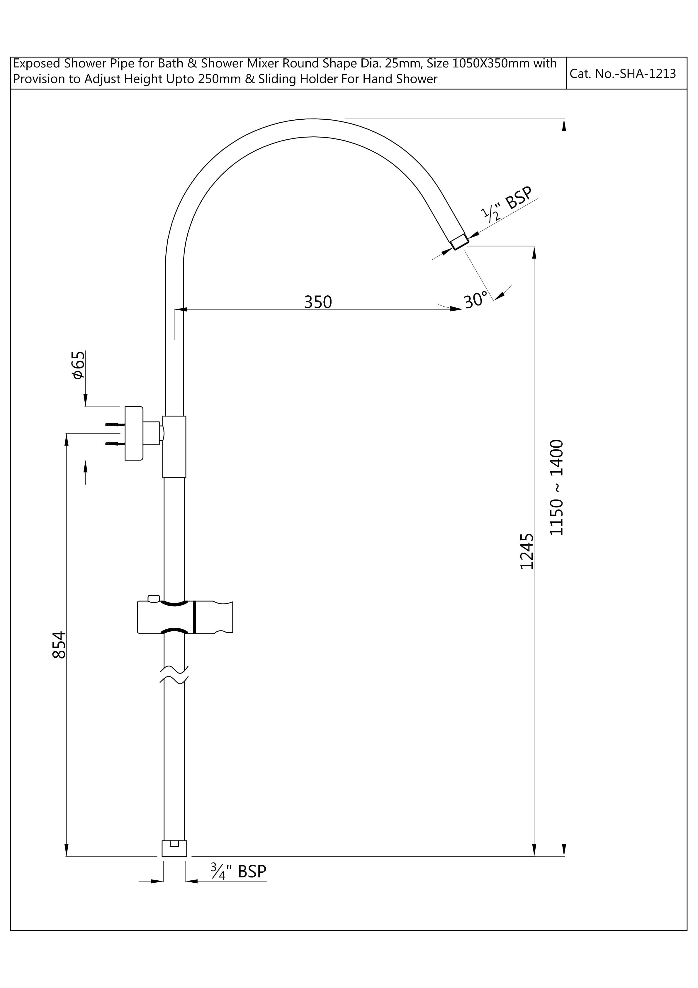 Exposed Shower Pipe For Wall Mixer Round Shape 25mm Dia | Chrome Finish | Size: 1050 x 350mm | With Provision to Adjust Height Upto 250mm with Wall Bracket (for Connection to Overhead Shower & Sliding Holder for Hand Shower) — image 2