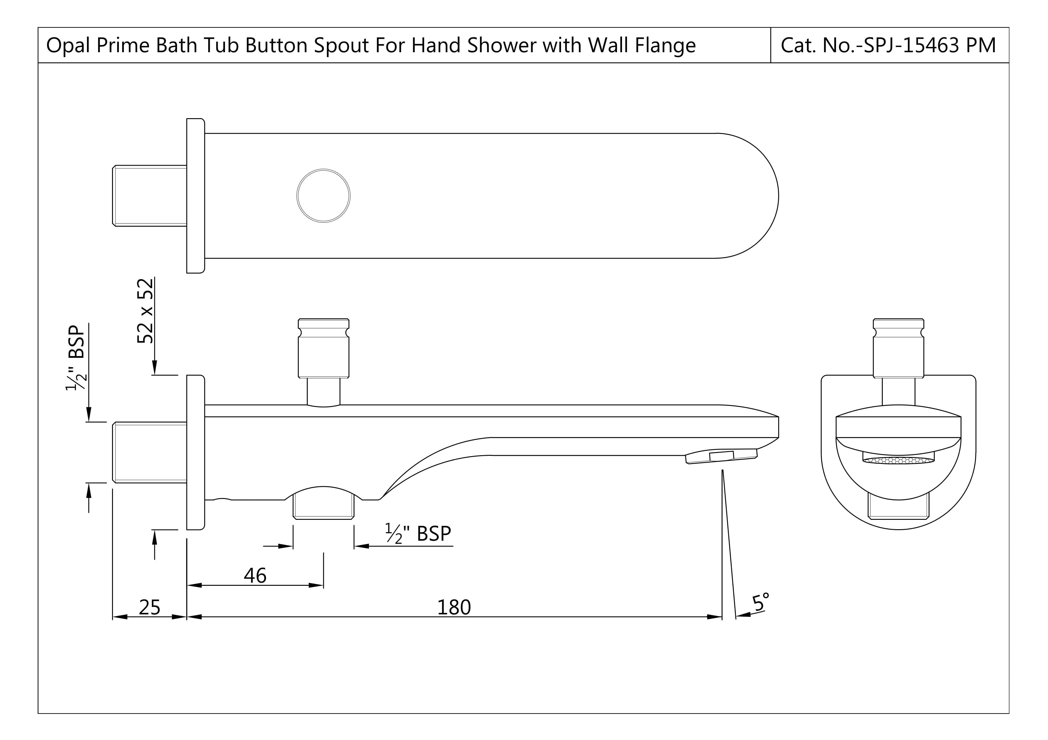 Opal Prime Bath Spout with Button Attachment For Hand Shower with Wall Flange | Chrome Finish | Material: Brass — image 2
