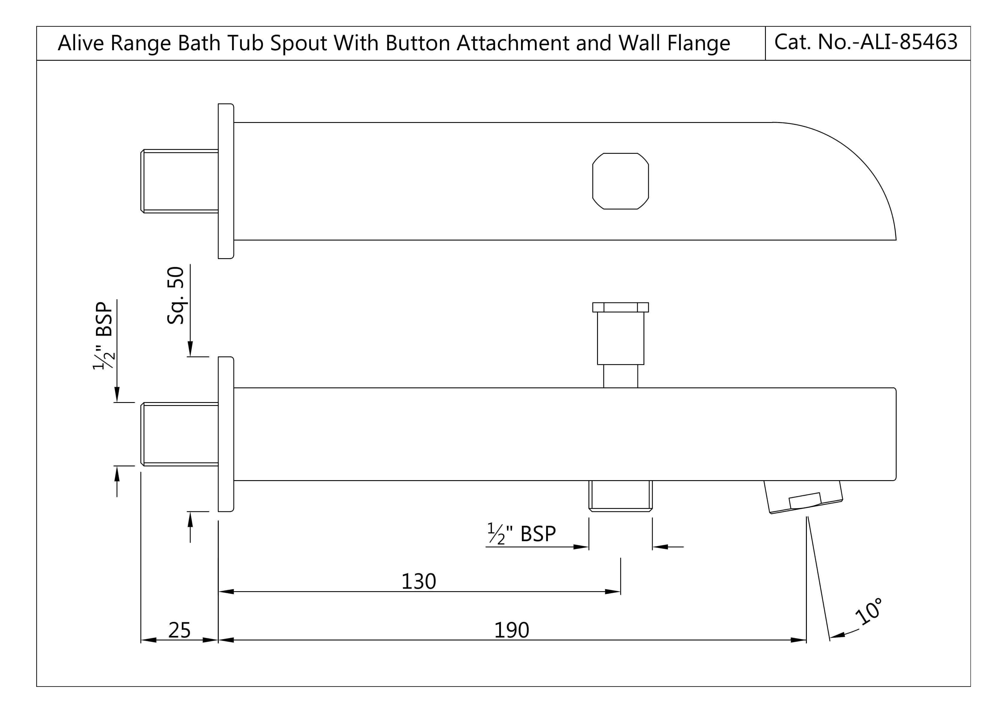 Alive Bath Spout with Button Attachment For Hand Shower with Wall Flange | Chrome Finish | Material: Brass — image 2