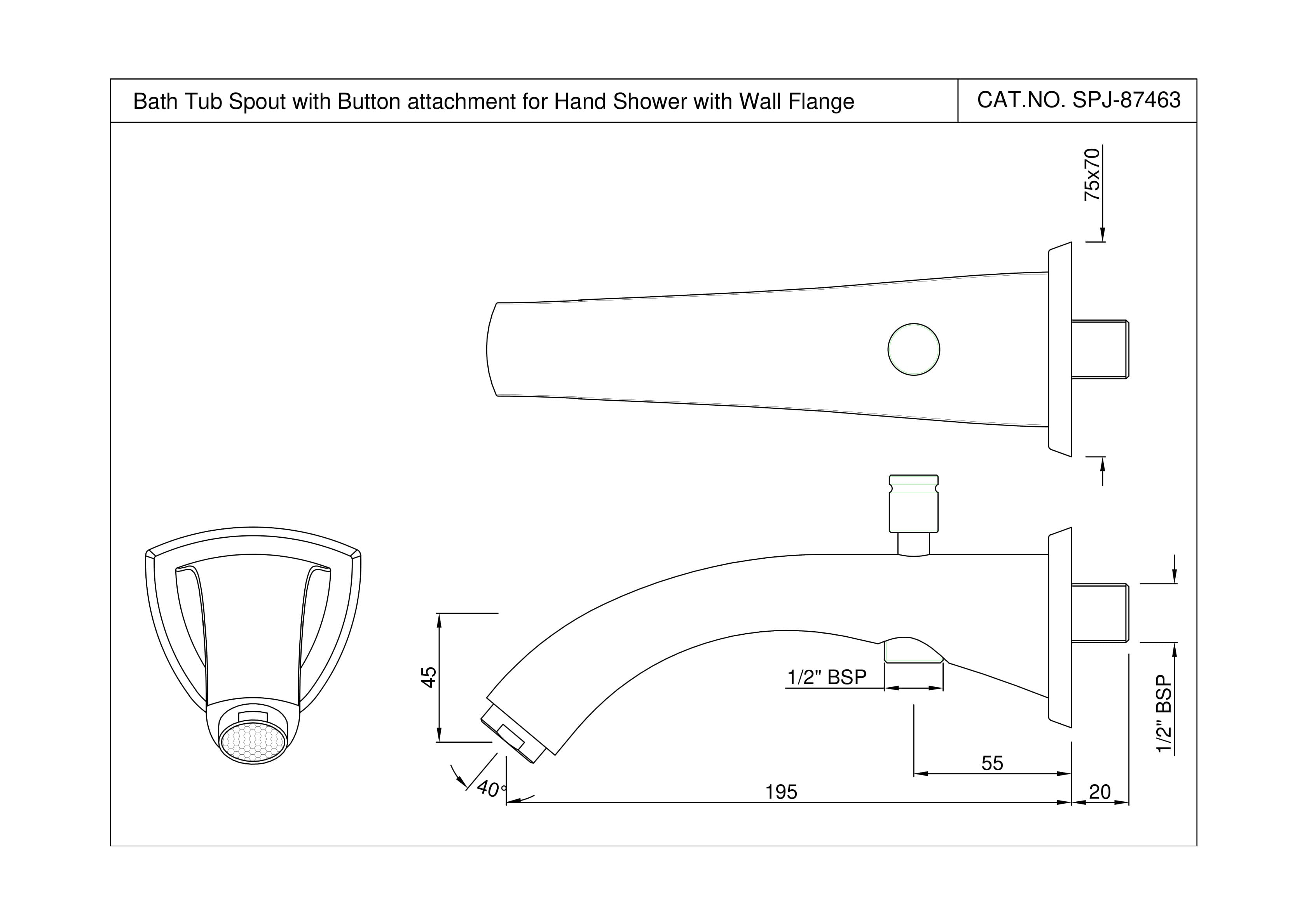 Arc Bath Spout with Button Attachment For Hand Shower with Wall Flange | Chrome Finish | Material: Brass — image 2