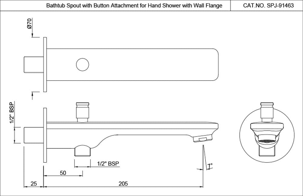 Laguna Bath Spout with Button Attachment For Hand Shower with Wall Flange | Chrome Finish | Material: Brass — image 2