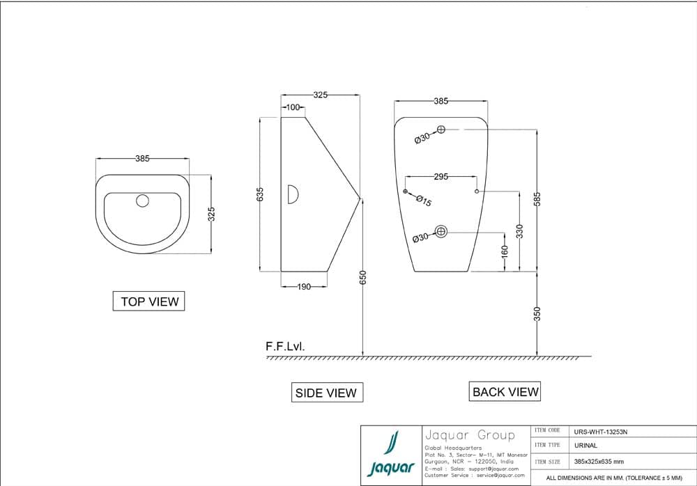 Urinal (Back Inlet) with Fixing Accessories | White Finish | Size: 385 x 325 x 635mm | Material: Ceramic — image 2