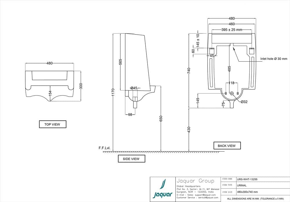 Urinal without Sensor with Fixing Accessories | White Finish | Size: 480 x 300 x 740mm | Material: Ceramic | With Sensor Flushing Valve (SNR-CHR-51097) to be bought seperately — image 2