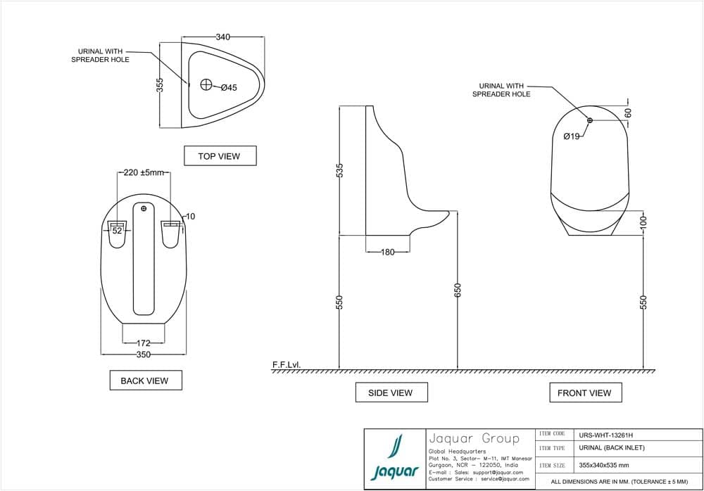 Urinal with Spreader Hole and Fixing Accessories | White Finish | Size: 355 x 340 x 535mm | Material: Ceramic — image 2