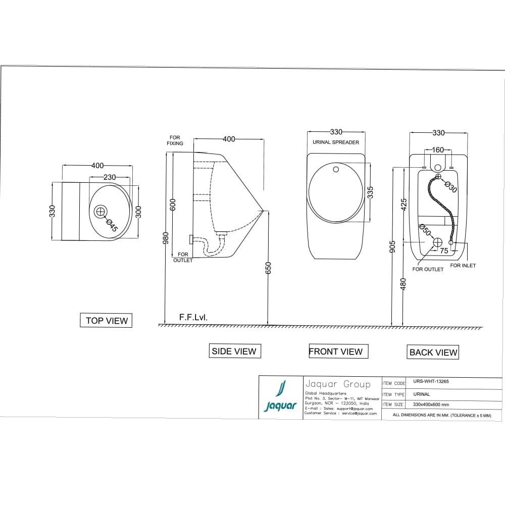 Urinal with Spreader and Fixing Accessories Set | White Finish | Size: 330 x 400 x 600mm | Material: Ceramic — image 2