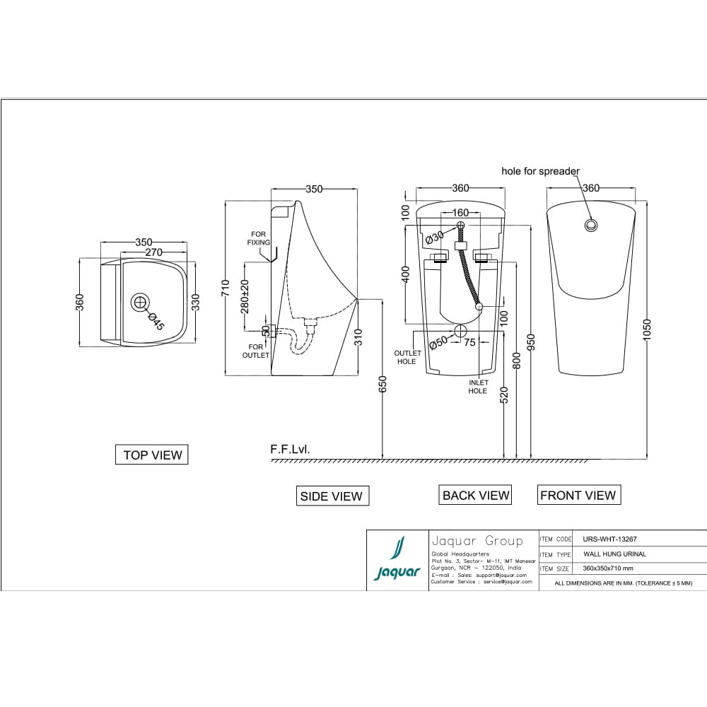 Urinal with Spreader and Fixing Accessories | White Finish | Size: 360 x 350 x 710mm | Material: Ceramic — image 2