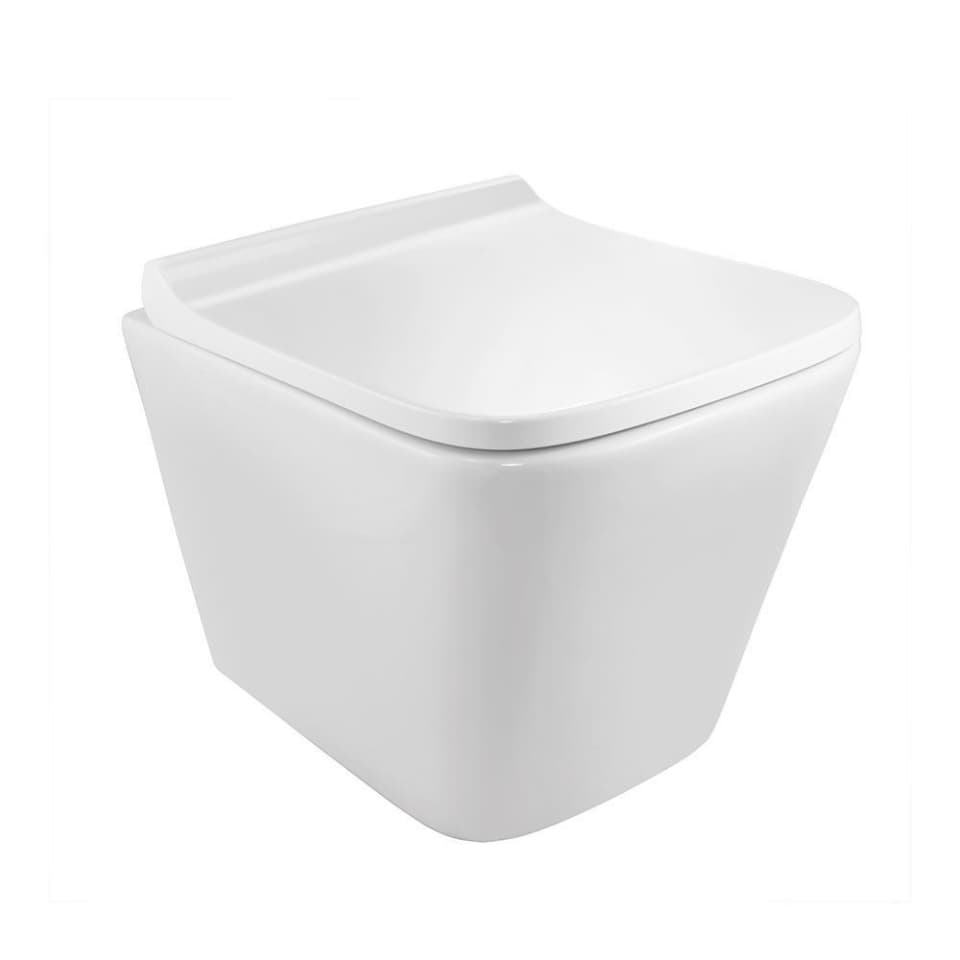 Aria Rimless Wall Hung Toilet with UF Soft Close Slim Seat Cover, Blind Installation Hinges, Fixing Set | Size: 345 x 495 x 365mm | Requires Concealed Cistern