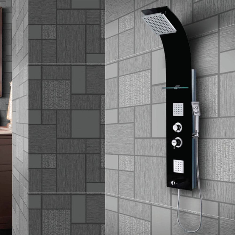 Glassy- Black Shower Panel | Black Finish | Size: 1400 x 250mm | Material: Black tempered glass body | With Thermostat Mixer, Black Tempered Glass With Special Surface | Suitable in Place of Wall MIxer